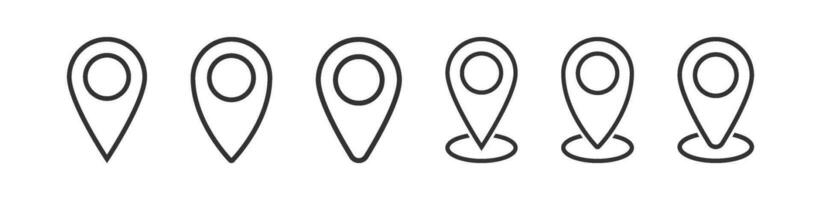 Map pin icon. Geo location signs. Road tag symbol. Place point symbols. Position pointer icons. Destination direction. Vector sign.