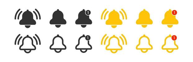 Bell icon. Alert symbol. Notification, message signs. Alarm ring, phone sound symbols. Doorbell icons. Black, yellow color. Vector sign.