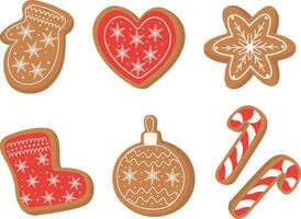 A set of Christmas gingerbread cookies. Winter holiday sweets in the form of a glove, a heart, a star, a shoe, a Christmas ball and cookies in the form of a lollipop. Cartoon vector illustration