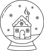 A glass snow globe highlighted on a white background. The Christmas toy inside is decorated with various winter patterns. Vector hand-drawn illustration in doodle style. Ideal for decorating holidays,