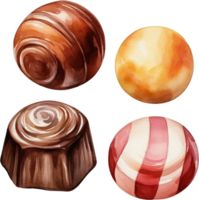 AI generated Collection Watercolor of sweet chocolate candies great for cards, banners, headers, party posters or decorate your artwork. png