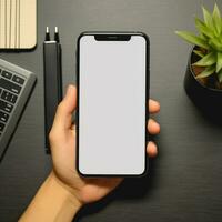 AI generated A blank mockup phone hold in a hand placed on a grey table photo