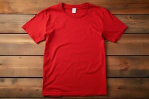 AI generated A Blank red t-shirt on a wooden table photo