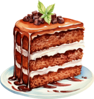 AI generated Watercolor dessert, piece delicious chocolate cake on plate. Hand drawn illustration png