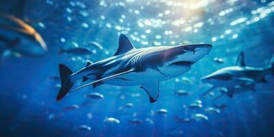 ai generado salvaje vida debajo agua naturaleza al aire libre mar Oceano grande pescado azul tiburón antecedentes. profundo bucear escafandra autónoma buceo cazador animal foto