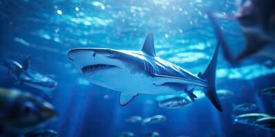 ai generado salvaje vida debajo agua naturaleza al aire libre mar Oceano grande pescado azul tiburón antecedentes. profundo bucear escafandra autónoma buceo cazador animal foto