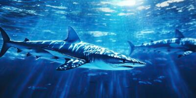 ai generado salvaje vida debajo agua naturaleza al aire libre mar Oceano grande pescado azul tiburón antecedentes. profundo bucear escafandra autónoma buceo cazador animal foto