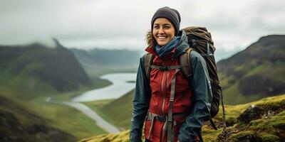 ai generado hembra niña mujer caminante rastreo naturaleza al aire libre aventuras explorar montaña paisaje viaje exploración motivación. gráfico Arte foto