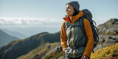 ai generado hembra niña mujer caminante rastreo naturaleza al aire libre aventuras explorar montaña paisaje viaje exploración motivación. gráfico Arte foto