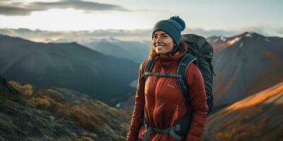 ai generado hembra niña mujer caminante rastreo naturaleza al aire libre aventuras explorar montaña paisaje viaje exploración motivación. gráfico Arte foto