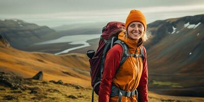 AI generated Female girl woman hiker tracking nature outdoor adventure explore mountain landscape trip exploration motivation. Graphic Art photo