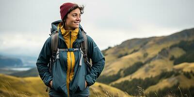 ai generado hembra niña mujer caminante rastreo naturaleza al aire libre aventuras explorar montaña paisaje viaje exploración motivación. gráfico Arte foto