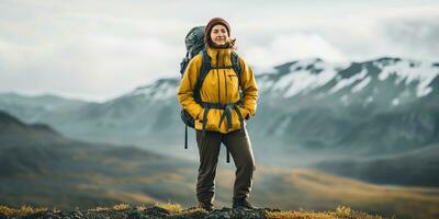 ai generado hembra niña mujer caminante rastreo naturaleza al aire libre aventuras explorar montaña paisaje viaje exploración motivación. gráfico Arte foto