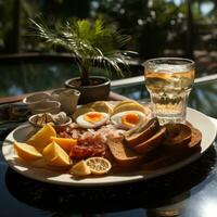 ai generado comida y bebida platos en hoteles, resorts y villas, comida concepto terminado nadando piscina agua foto