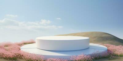 AI generated beige round podium minimal design ,display for cosmetic .Empty showcase for product presentation photo