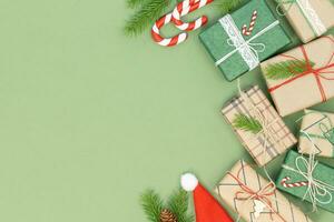 Christmas background with gift boxes. Top view. photo