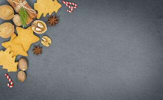 Christmas background with gingerbread cookies. Christmas concept. photo