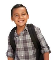 Happy Young Hispanic School Boy Wearing Backpack Isolated on a White Background. photo