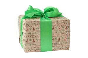 Isolated holiday box with green ribbon on the white background photo