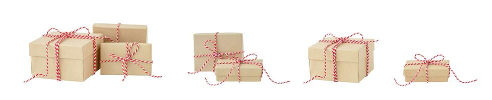 Set of isolated holiday boxes with red ribbon photo