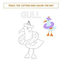 Trace the letters and color the seagull.Game for kids. vector