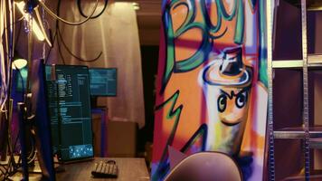 Computer Bildschirme zeigen Malware Entwicklung Code im heruntergewirtschaftet unter Tage Warenhaus mit Graffiti gemalt auf Wände. pc System Ausrüstung benutzt durch Cyberkriminelle und metallisch Regale im Neon- zündete Platz video