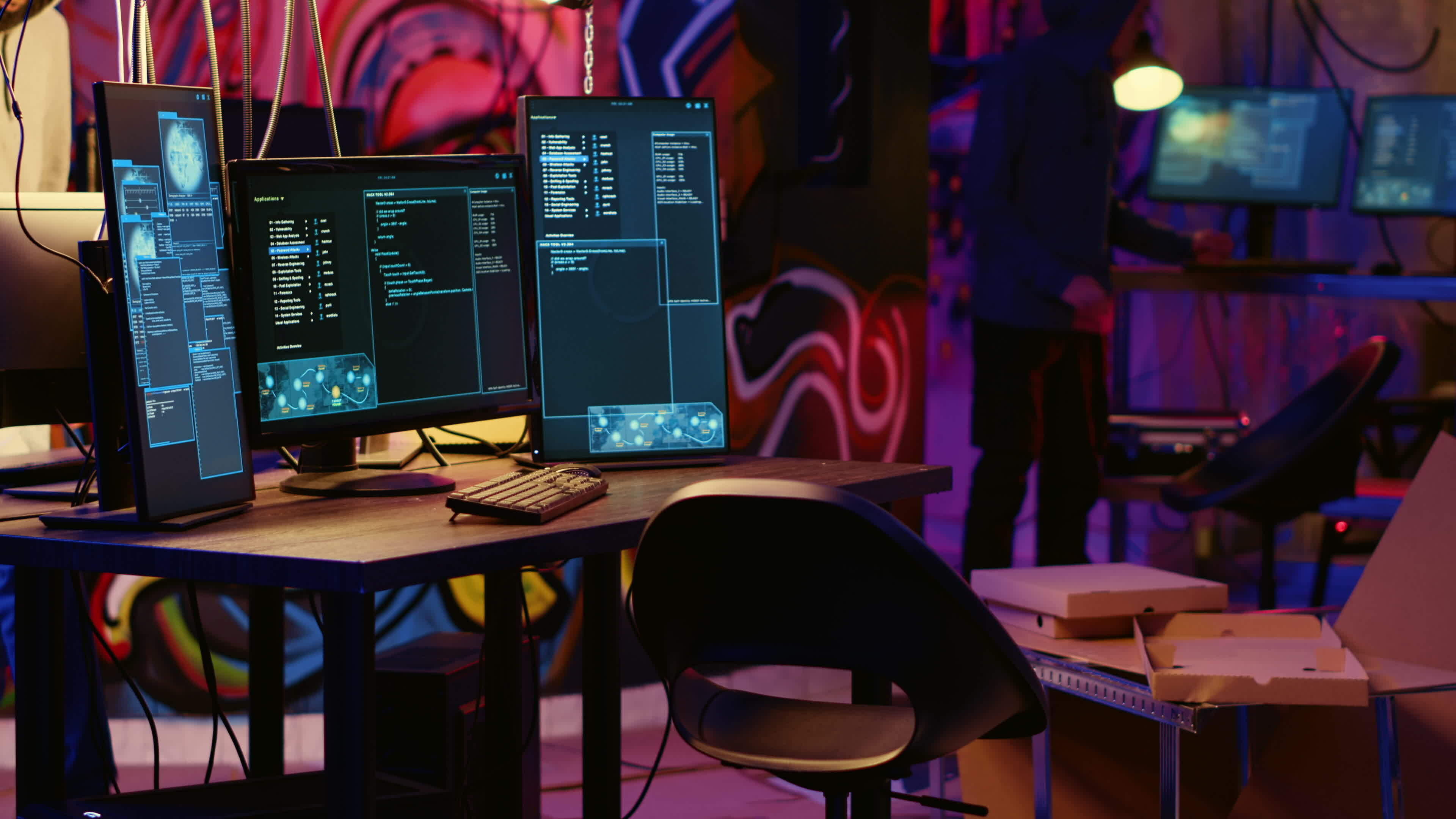 Asian hacker arriving in graffiti painted underground bunker, starting ...