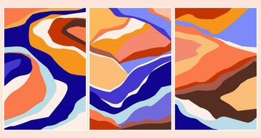 A set of contemporary posters with abstract bright shapes, lines, and views of nature. Vector graphics.