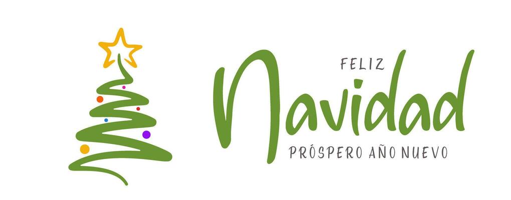 Banner with christmas tree. Merry Christmas and Happy New Year lettering in Spanish