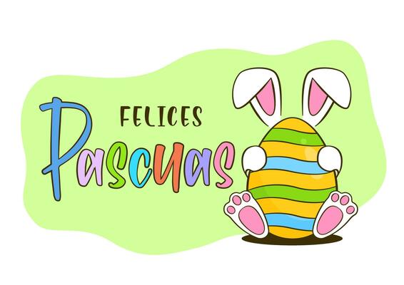 Easter greeting card concept. Colorful Easter eggs with bunny ears. Happy Easter colorful lettering in Spanish - Felices Pascuas