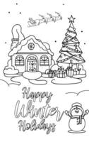 Christmas Tree, Snowman, Snowy House, snowman, outline line art doodle cartoon illustration. Winter Christmas theme coloring book page activity for kids and adults. vector