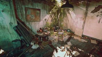 An abandoned room in a state of devastation and disarray photo