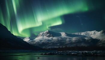 ai generado majestuoso montaña pico refleja estrellado noche en tranquilo ártico paisaje generado por ai foto