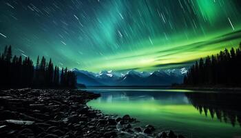 ai generado majestuoso montaña rango iluminado por estrellado noche, tranquilo escena generado por ai foto