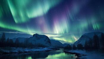 AI generated Majestic mountain range illuminated by starry night, tranquil scene generated by AI photo