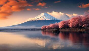 AI generated Majestic mountain peak, snowcapped and tranquil, in Japanese autumn generated by AI photo