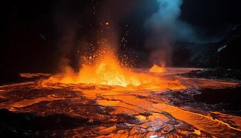 ai generado en erupción montaña cima, fumar y vapor crear un peligroso paisaje generado por ai foto