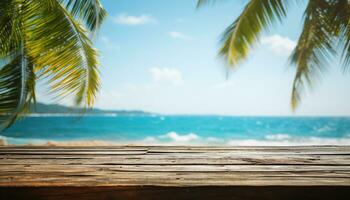 ai generado tropical línea costera, azul agua, palma arboles verano vacaciones paraíso generado por ai foto