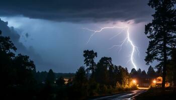 AI generated Bright blue sky, dark silhouette tree, vibrant lightning bolt generated by AI photo