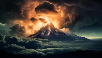 ai generado dramático cielo, oscuro noche, tormenta, majestuoso montañas, mojado césped generado por ai foto