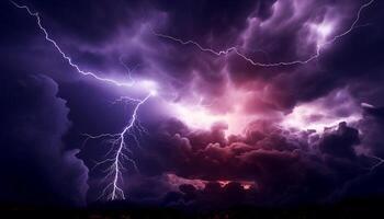 ai generado dramático cielo, oscuro noche, tormenta, majestuoso montañas, mojado césped generado por ai foto