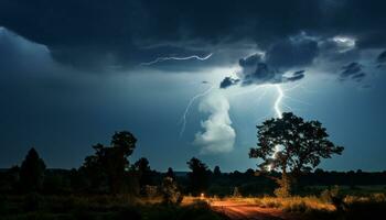 AI generated Dramatic sky, dark night, thunderstorm, majestic mountains, wet grass generated by AI photo