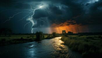 AI generated Dramatic sky, dark night, thunderstorm, majestic mountains, wet grass generated by AI photo