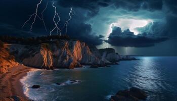 ai generado dramático cielo, oscuro noche, tormenta, majestuoso montañas, mojado césped generado por ai foto