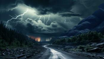 ai generado dramático cielo, oscuro noche, tormenta, majestuoso montañas, mojado césped generado por ai foto