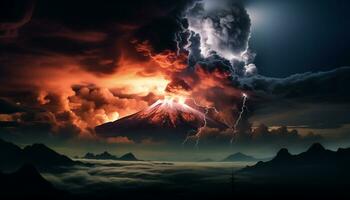 AI generated Dramatic sky, dark night, thunderstorm, majestic mountains, wet grass generated by AI photo