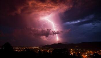 AI generated Dramatic sky, dark night, thunderstorm, majestic mountains, wet grass generated by AI photo