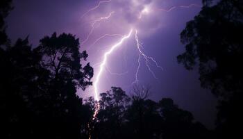 AI generated Dramatic sky, dark night, thunderstorm, majestic mountains, wet grass generated by AI photo