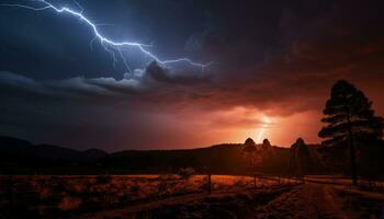 AI generated Dramatic sky, dark night, thunderstorm, majestic mountains, wet grass generated by AI photo