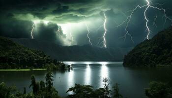 AI generated Dramatic sky, dark night, thunderstorm, majestic mountains, wet grass generated by AI photo